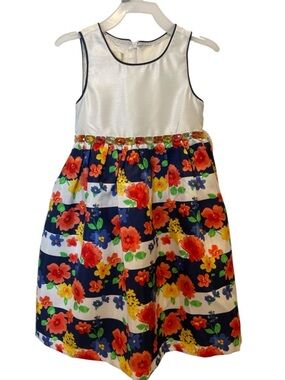 American Princess White Bodice Navy & Multicolor Floral Party Dress